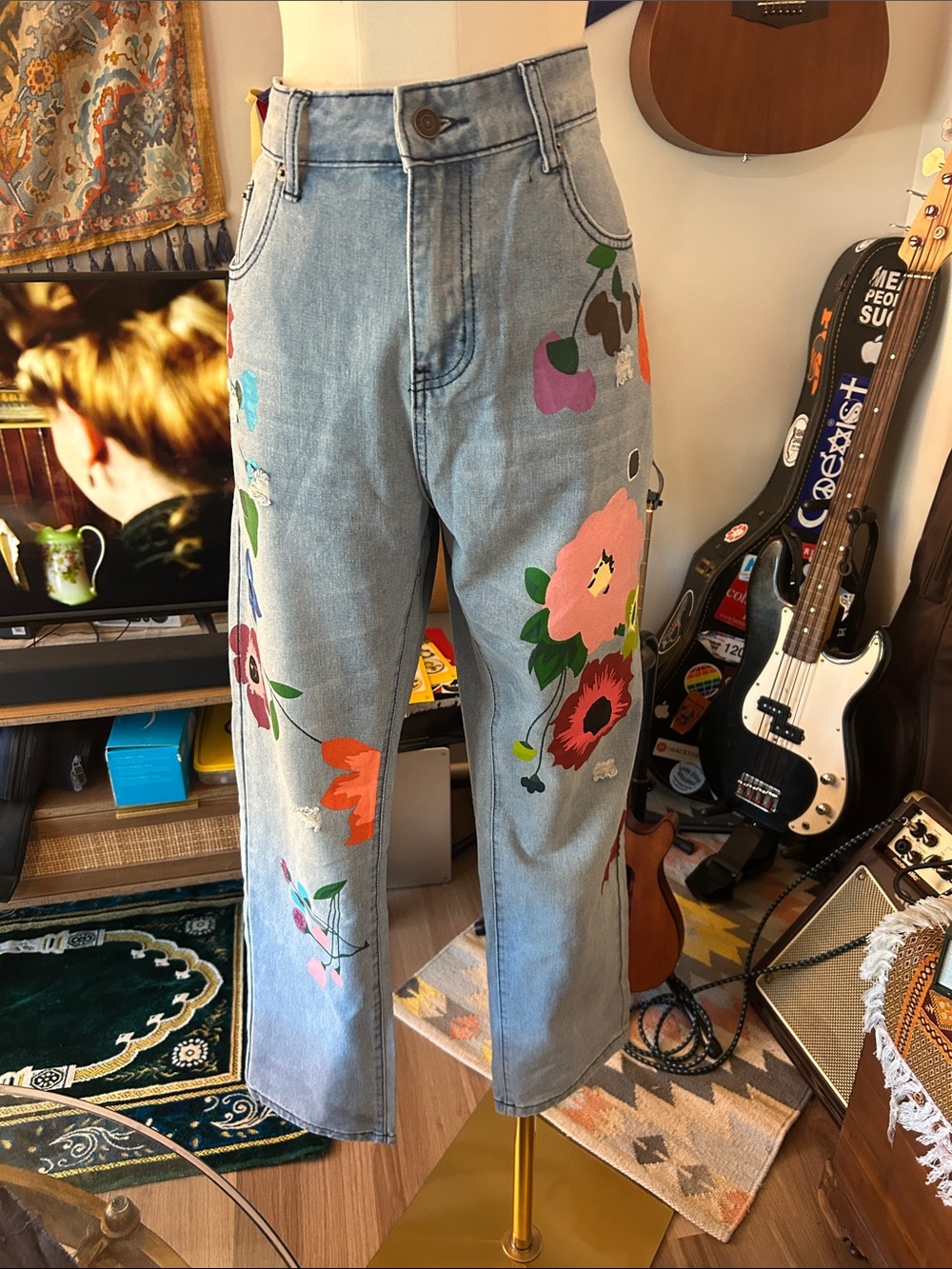 MISSLOOK Light Blue Straight-Leg Jeans with Multicolor Floral Prints